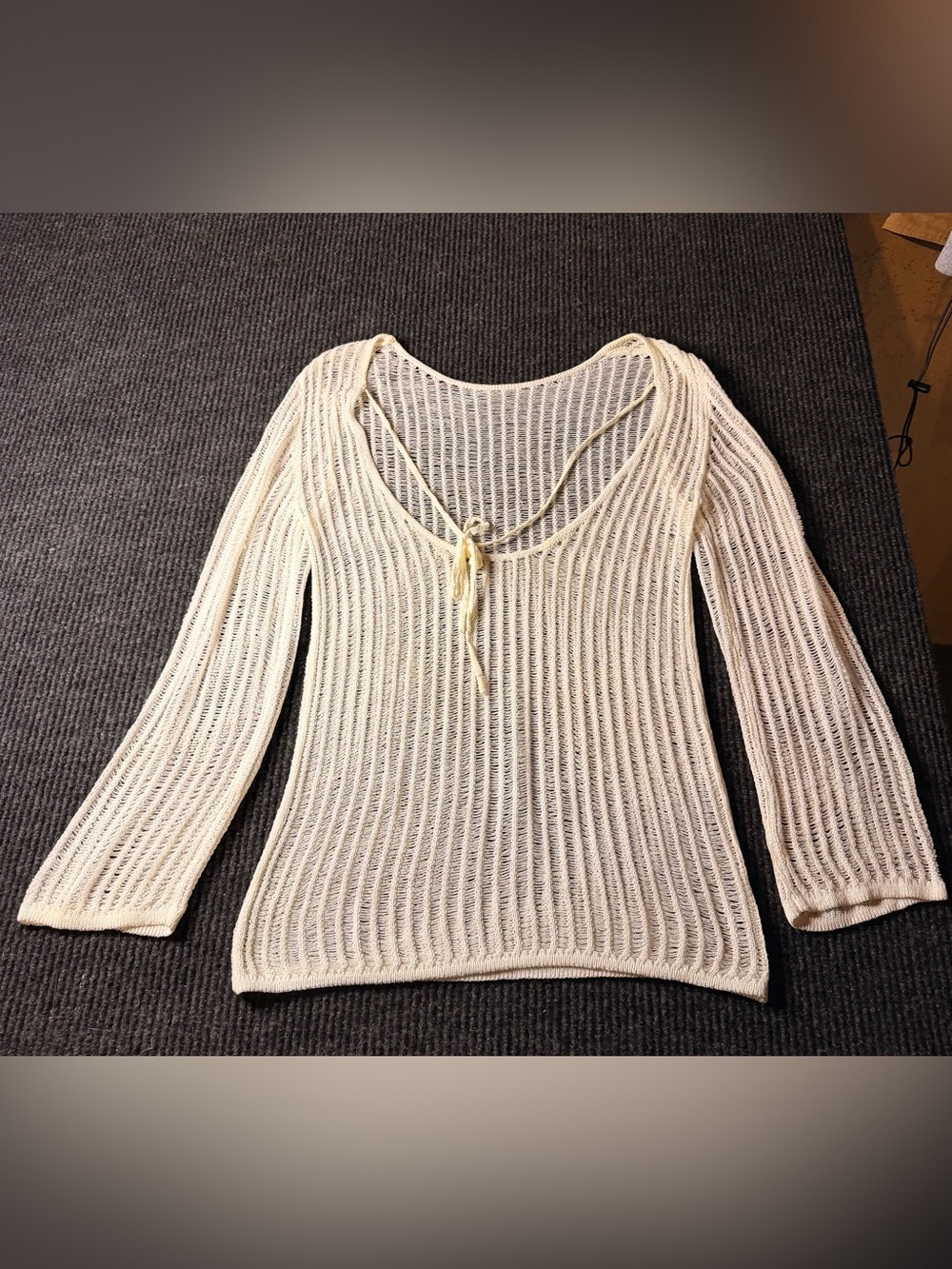 Cream Open Knit Crochet Swimsuit Cover Up Mini Dress Long Sleeve - Picture 2 of 2